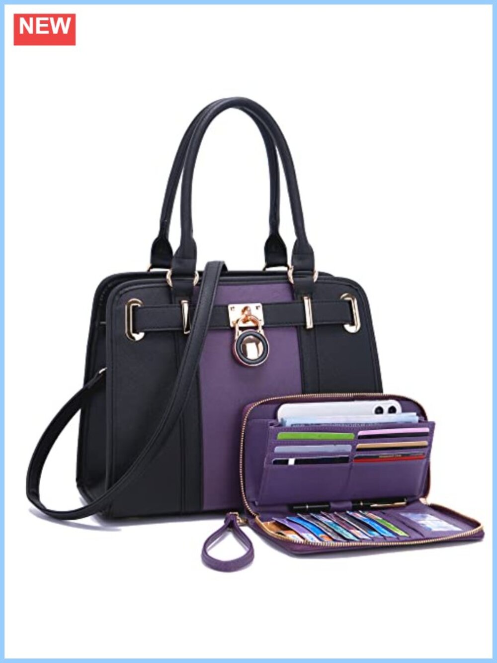 Vegan Leather Structured Satchel Tote Handbag Set with RFID Wallet Clutch